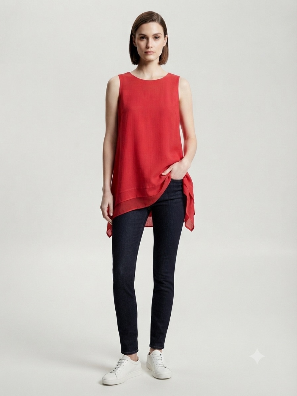 Cristina B Red Layered Tank Top Flowy Sleeveless Blouse Size M